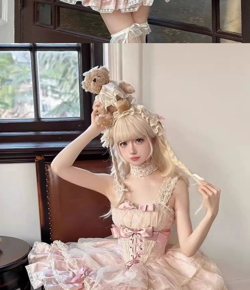 Long-Sleeve Cold-Shoulder Bow Tiered Lace Panel Mini A-Line Dress / Arm Sleeves / Choker / Petticoat Skirt / Set