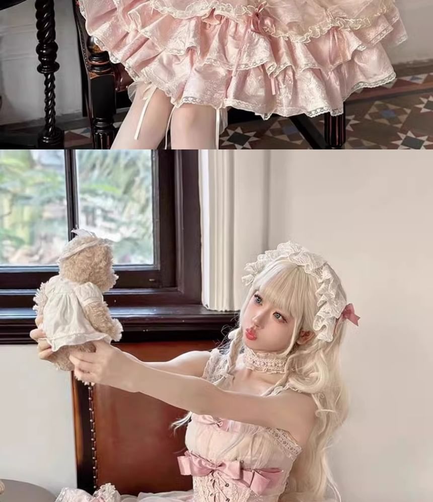 Long-Sleeve Cold-Shoulder Bow Tiered Lace Panel Mini A-Line Dress / Arm Sleeves / Choker / Petticoat Skirt / Set