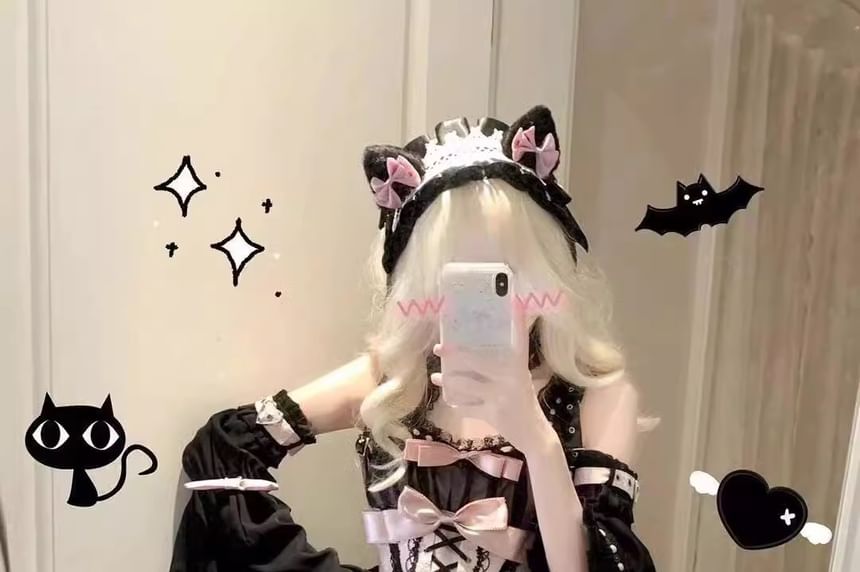 Long-Sleeve Cold-Shoulder Bow Tiered Lace Panel Mini A-Line Dress / Arm Sleeves / Choker / Petticoat Skirt / Set