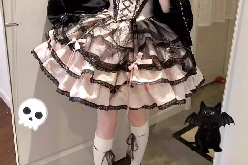 Long-Sleeve Cold-Shoulder Bow Tiered Lace Panel Mini A-Line Dress / Arm Sleeves / Choker / Petticoat Skirt / Set