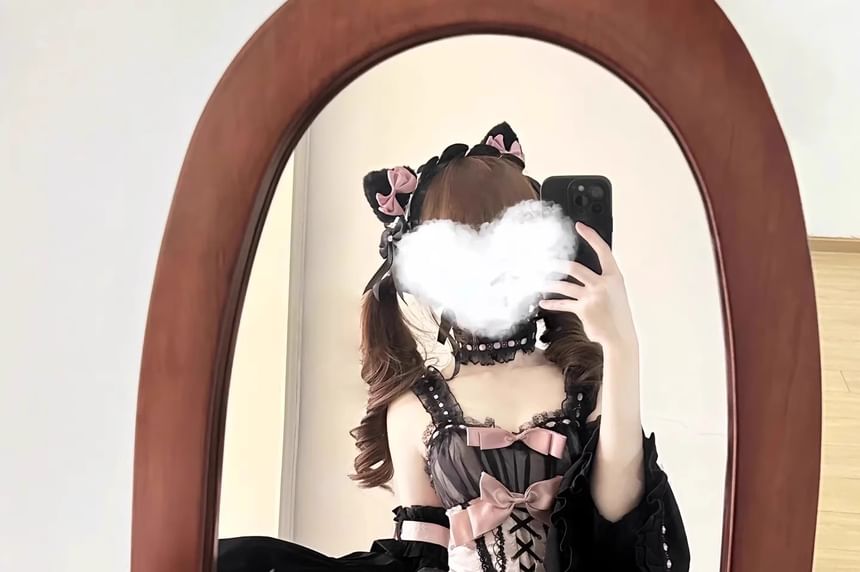 Long-Sleeve Cold-Shoulder Bow Tiered Lace Panel Mini A-Line Dress / Arm Sleeves / Choker / Petticoat Skirt / Set