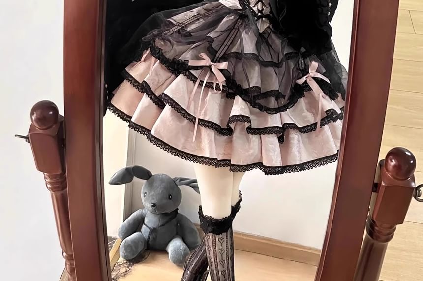 Long-Sleeve Cold-Shoulder Bow Tiered Lace Panel Mini A-Line Dress / Arm Sleeves / Choker / Petticoat Skirt / Set