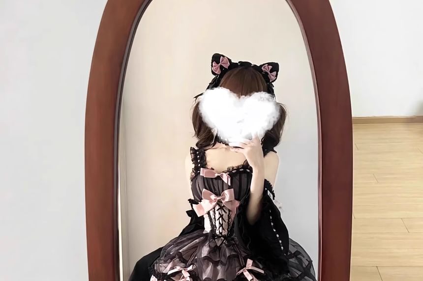 Long-Sleeve Cold-Shoulder Bow Tiered Lace Panel Mini A-Line Dress / Arm Sleeves / Choker / Petticoat Skirt / Set