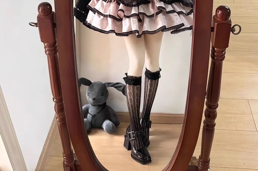 Long-Sleeve Cold-Shoulder Bow Tiered Lace Panel Mini A-Line Dress / Arm Sleeves / Choker / Petticoat Skirt / Set