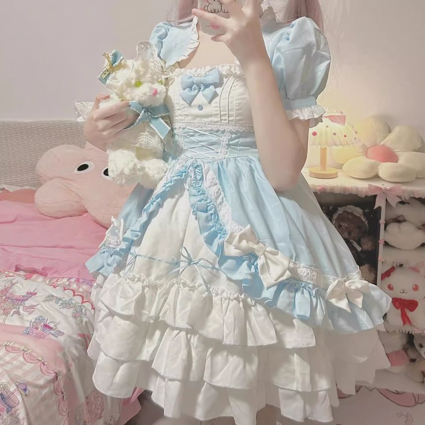 Spaghetti Strap Two Tone Bow Tiered Ruffle Trim A-Line Dress / Short-Sleeve Bolero Jacket / Set (Various Designs)