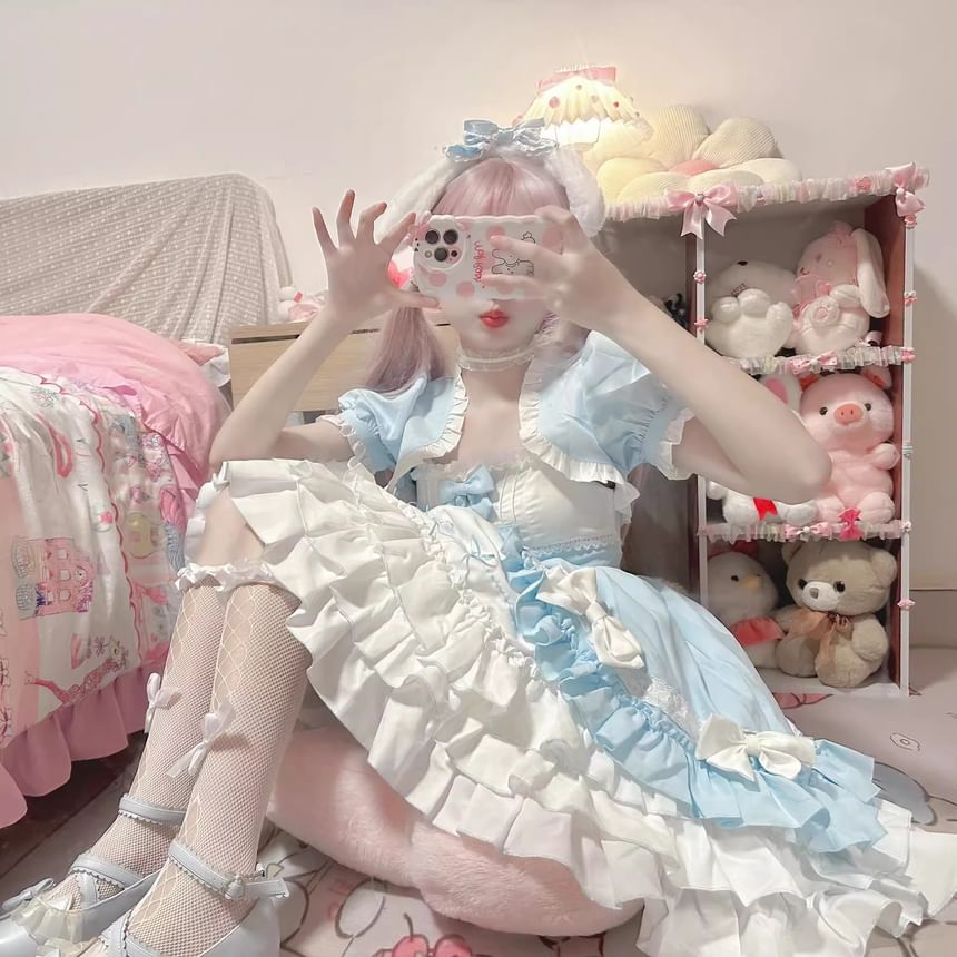 Spaghetti Strap Two Tone Bow Tiered Ruffle Trim A-Line Dress / Short-Sleeve Bolero Jacket / Set (Various Designs)