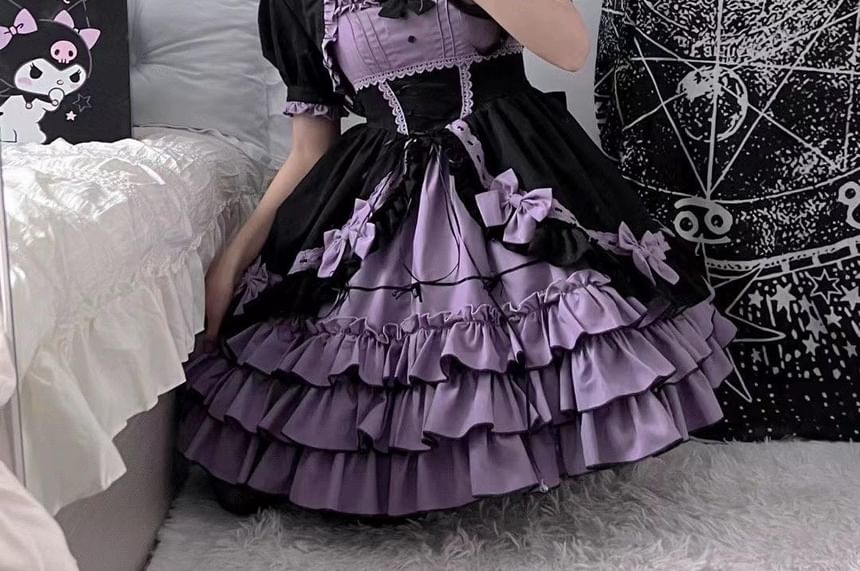 Spaghetti Strap Two Tone Bow Tiered Ruffle Trim A-Line Dress / Short-Sleeve Bolero Jacket / Set (Various Designs)