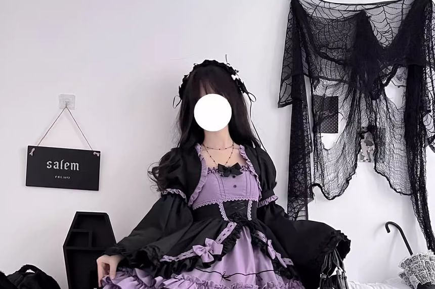 Spaghetti Strap Two Tone Bow Tiered Ruffle Trim A-Line Dress / Short-Sleeve Bolero Jacket / Set (Various Designs)