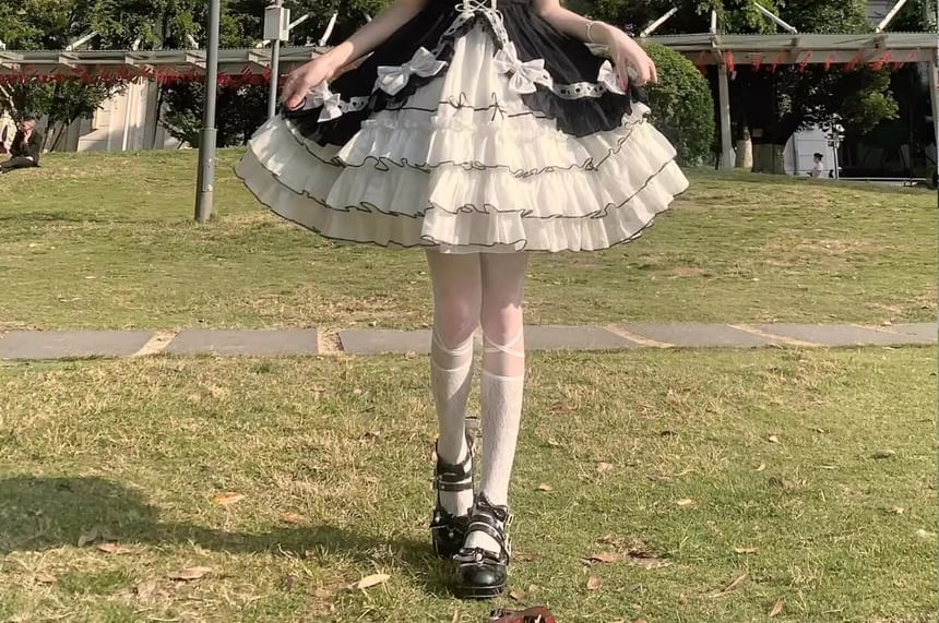 Spaghetti Strap Two Tone Bow Tiered Ruffle Trim A-Line Dress / Short-Sleeve Bolero Jacket / Set (Various Designs)