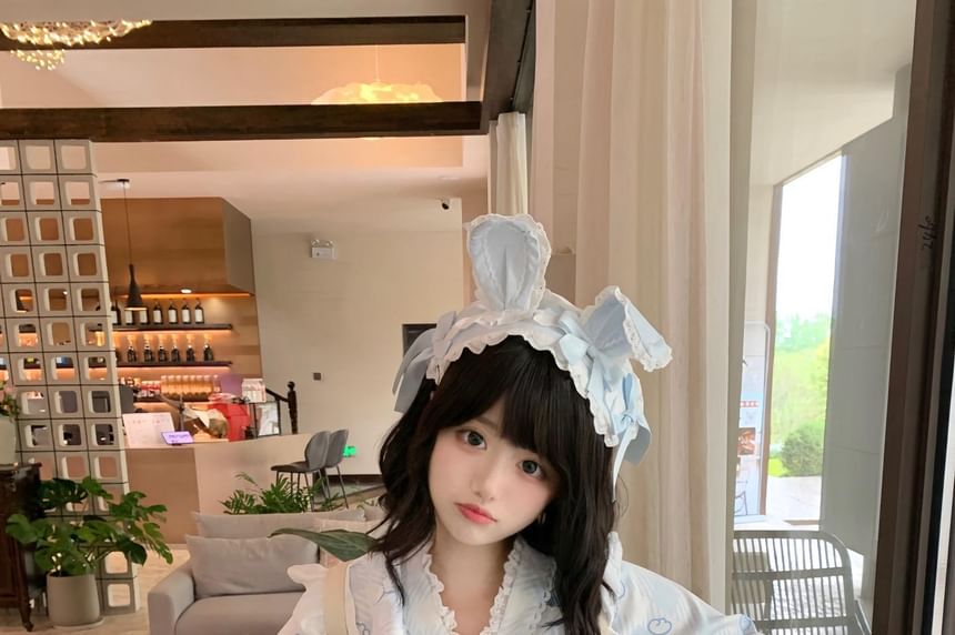 Long-Sleeve Rabbit Print Lace Trim Kimono Top / High Rise Tiered Mini A-Line Skirt / Apron / Bow Sash / Ear Headband / Set