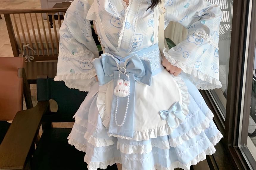 Long-Sleeve Rabbit Print Lace Trim Kimono Top / High Rise Tiered Mini A-Line Skirt / Apron / Bow Sash / Ear Headband / Set