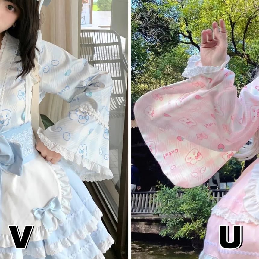 Long-Sleeve Rabbit Print Lace Trim Kimono Top / High Rise Tiered Mini A-Line Skirt / Apron / Bow Sash / Ear Headband / Set