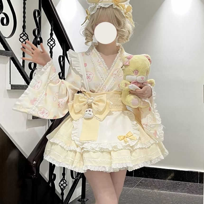 Long-Sleeve Rabbit Print Lace Trim Kimono Top / High Rise Tiered Mini A-Line Skirt / Apron / Bow Sash / Ear Headband / Set