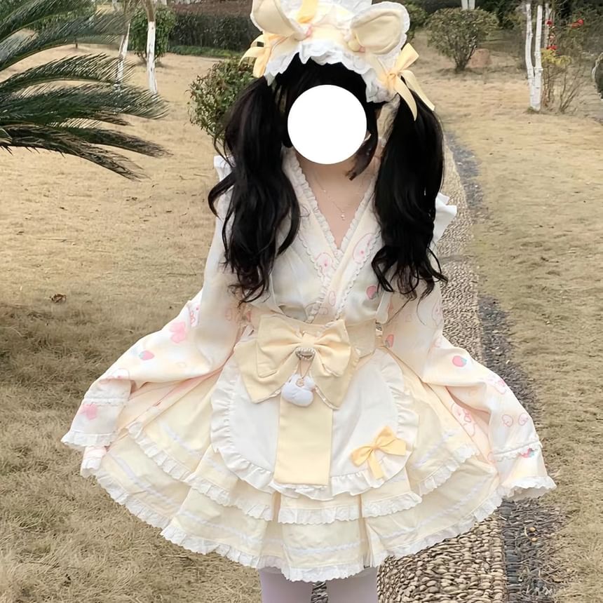 Long-Sleeve Rabbit Print Lace Trim Kimono Top / High Rise Tiered Mini A-Line Skirt / Apron / Bow Sash / Ear Headband / Set
