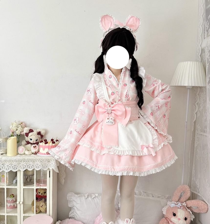 Long-Sleeve Rabbit Print Lace Trim Kimono Top / High Rise Tiered Mini A-Line Skirt / Apron / Bow Sash / Ear Headband / Set