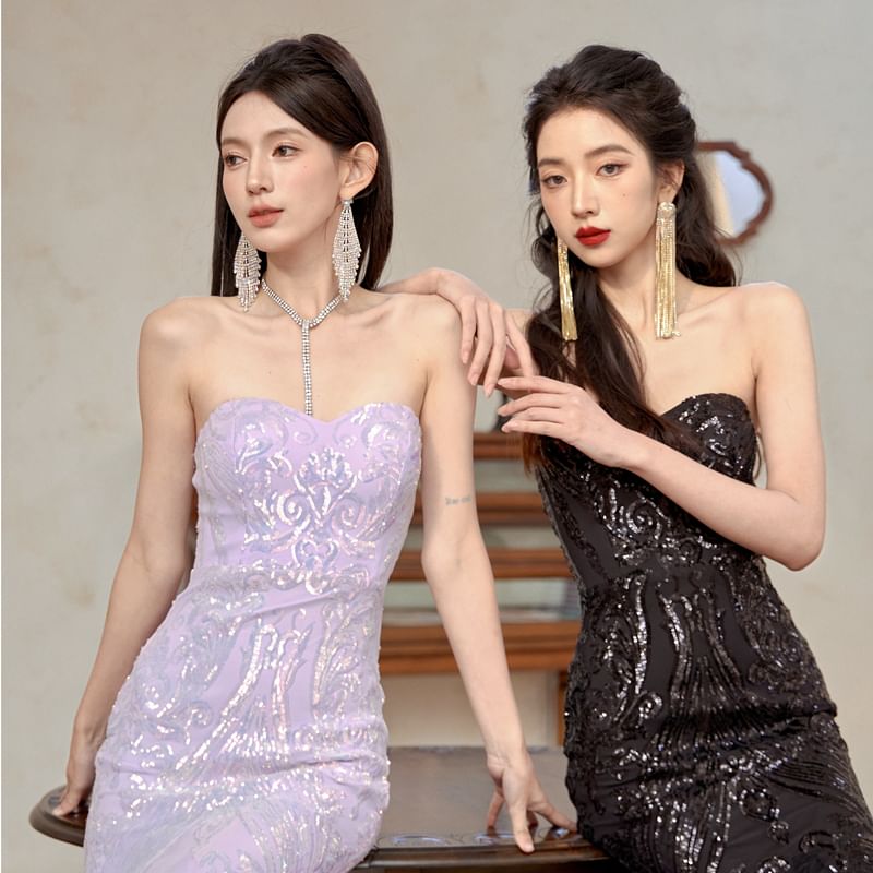 Sequin Patterned Panel Mesh Mermaid Tube Evening Gown