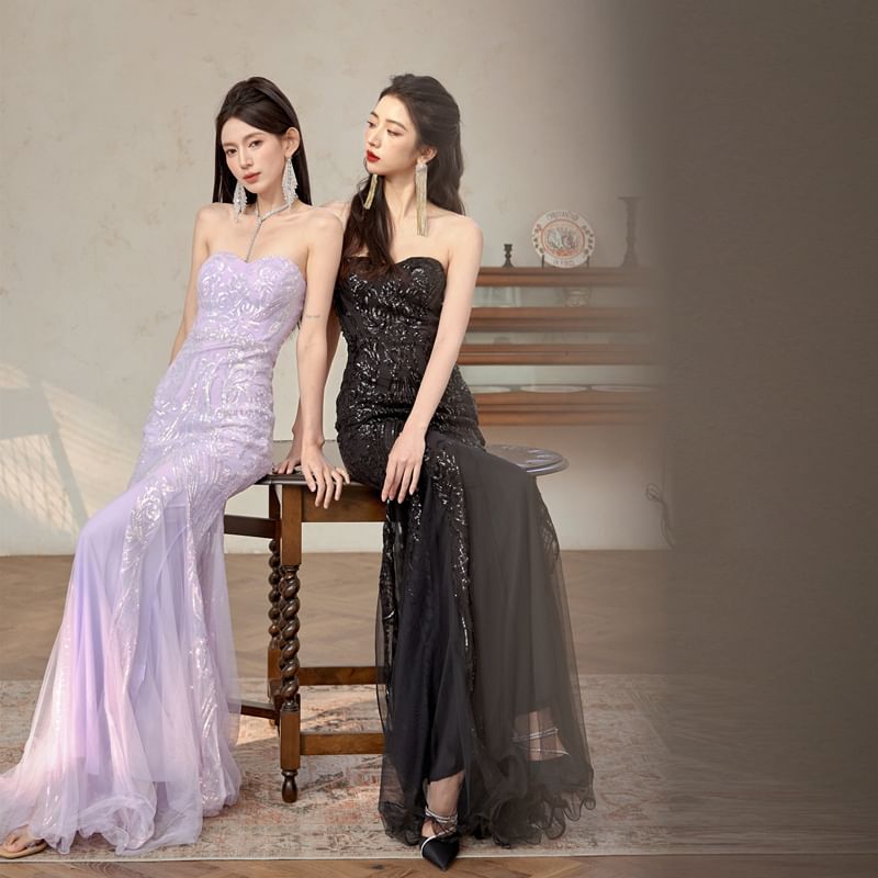 Sequin Patterned Panel Mesh Mermaid Tube Evening Gown