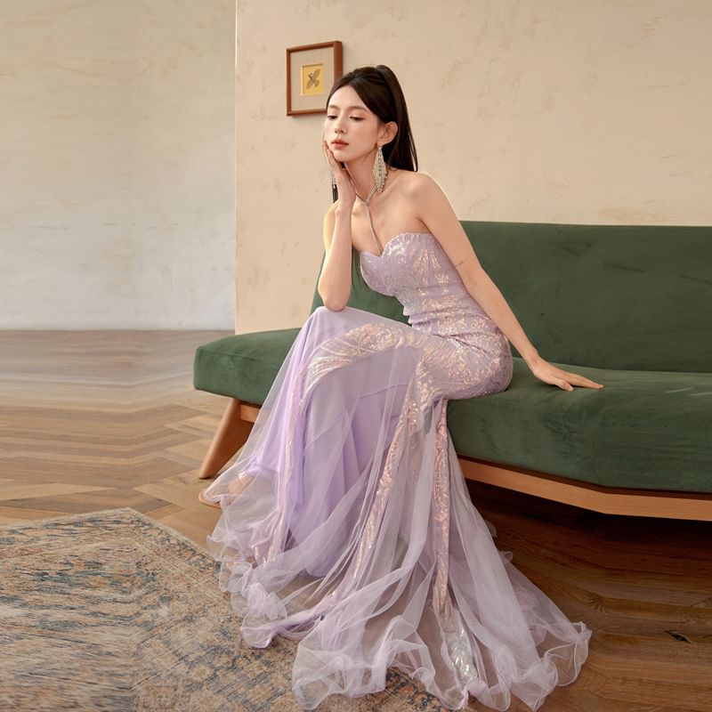 Sequin Patterned Panel Mesh Mermaid Tube Evening Gown