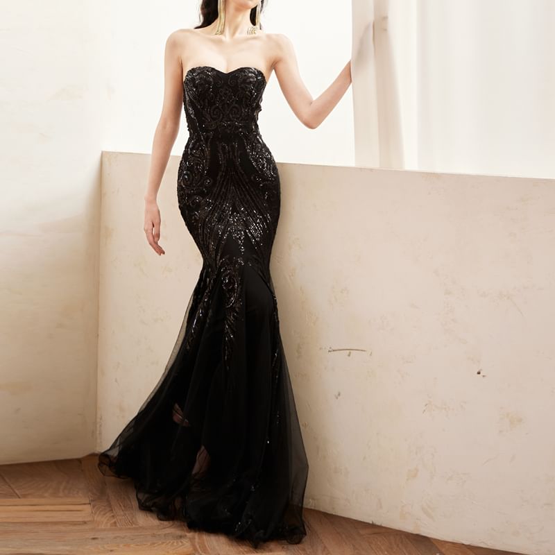 Sequin Patterned Panel Mesh Mermaid Tube Evening Gown