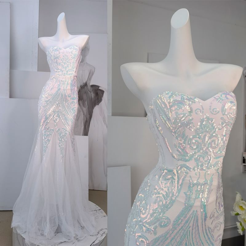 Sequin Patterned Panel Mesh Mermaid Tube Evening Gown