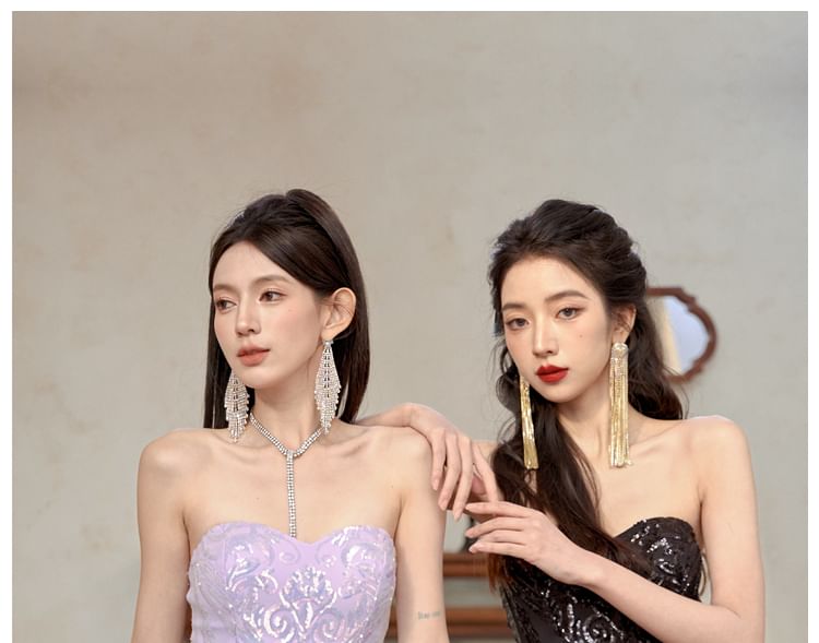 Sequin Patterned Panel Mesh Mermaid Tube Evening Gown