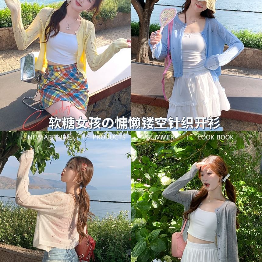 Crew Crop Button-Up Plain Neck Perforated Cardigan