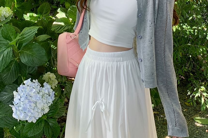 Crew Crop Button-Up Plain Neck Perforated Cardigan