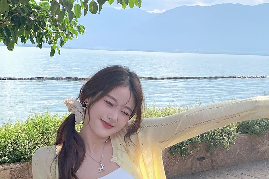 Crew Crop Button-Up Plain Neck Perforated Cardigan