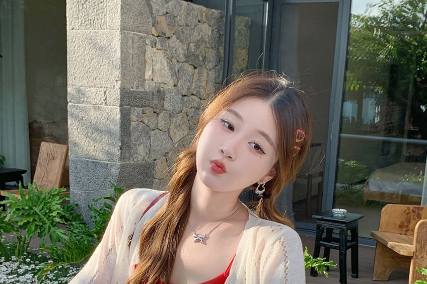 Crew Crop Button-Up Plain Neck Perforated Cardigan