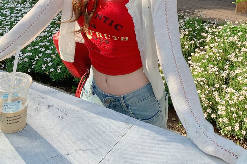 Crew Crop Button-Up Plain Neck Perforated Cardigan