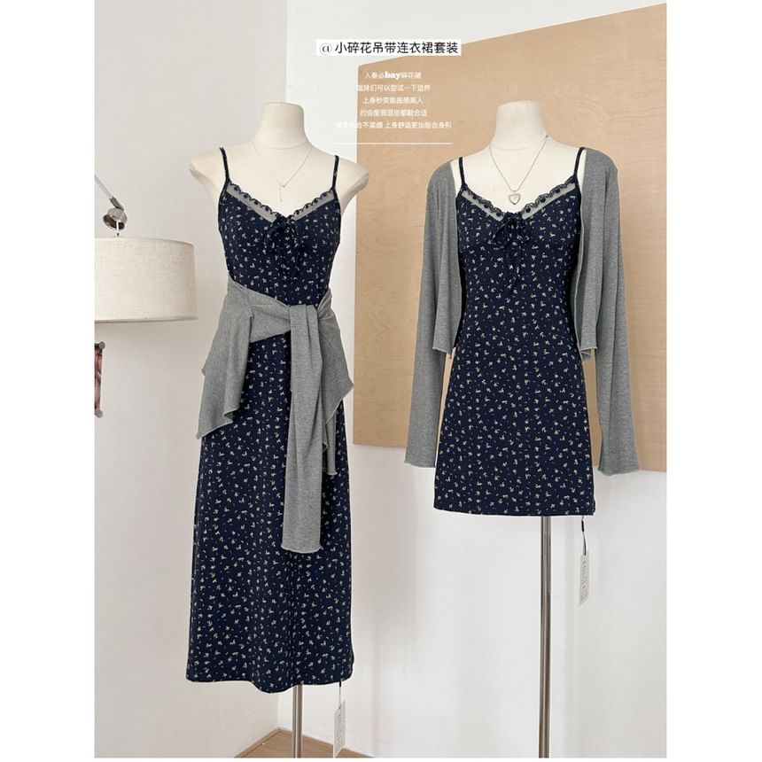 Trim Print Open Front A-Line (Various Dress Designs) Cardigan Strap Floral Plain + Lace Spaghetti Set: V-Neck