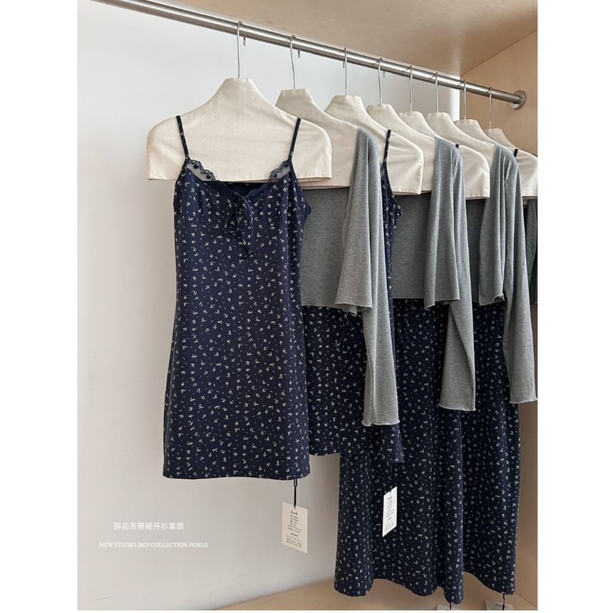 Trim Print Open Front A-Line (Various Dress Designs) Cardigan Strap Floral Plain + Lace Spaghetti Set: V-Neck
