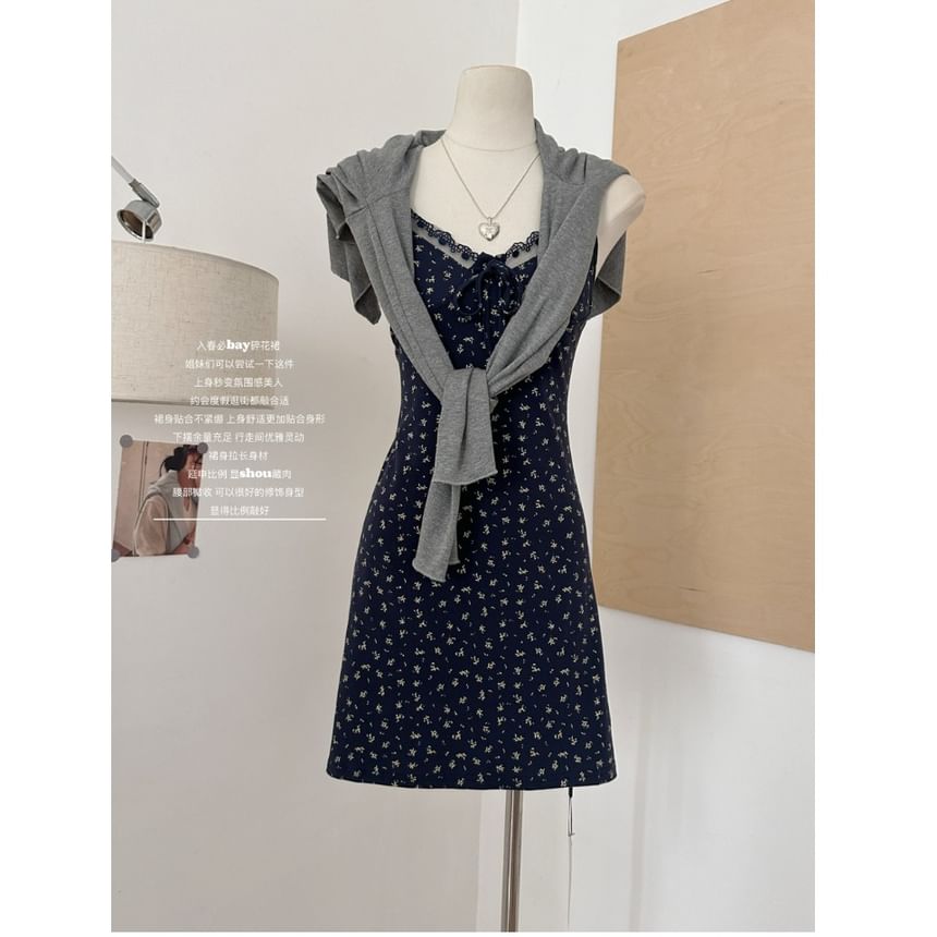 Trim Print Open Front A-Line (Various Dress Designs) Cardigan Strap Floral Plain + Lace Spaghetti Set: V-Neck