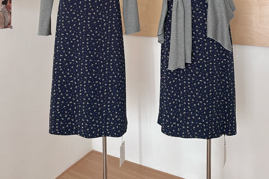 Trim Print Open Front A-Line (Various Dress Designs) Cardigan Strap Floral Plain + Lace Spaghetti Set: V-Neck