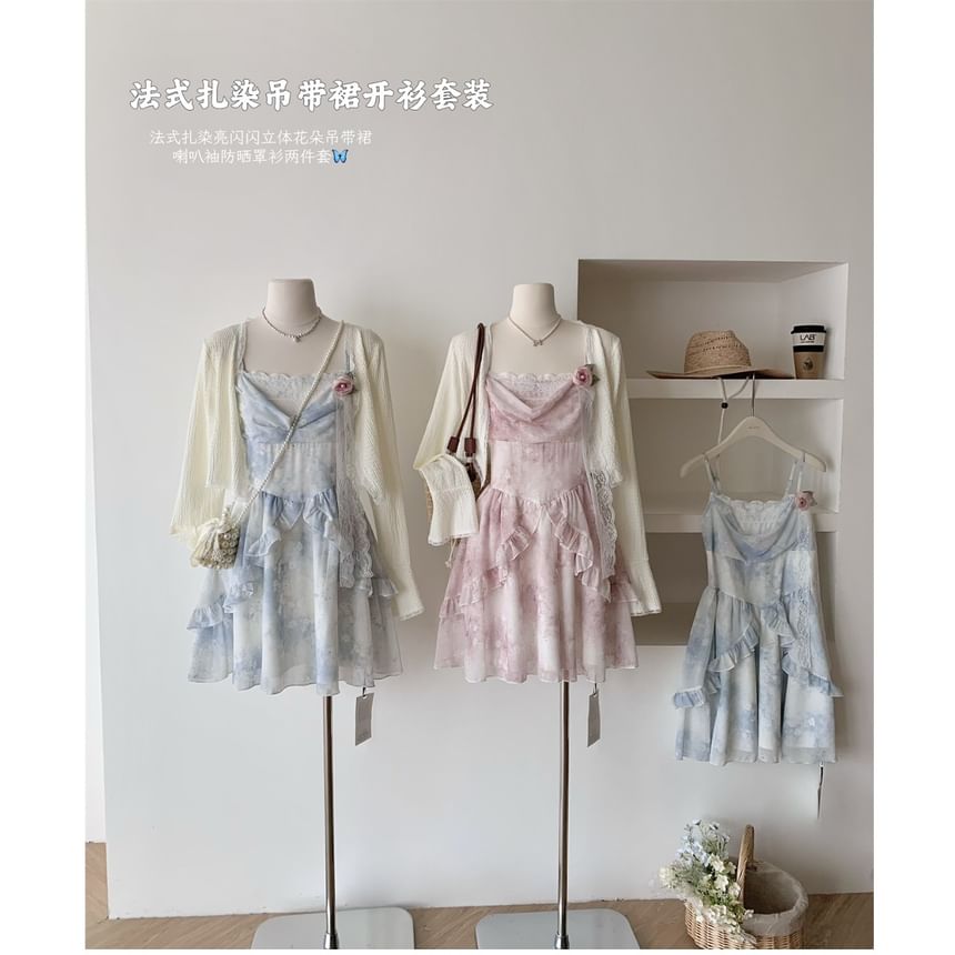 Cardigan Dress + Mini A-Line Set: Plain Strap Print Floral Spaghetti