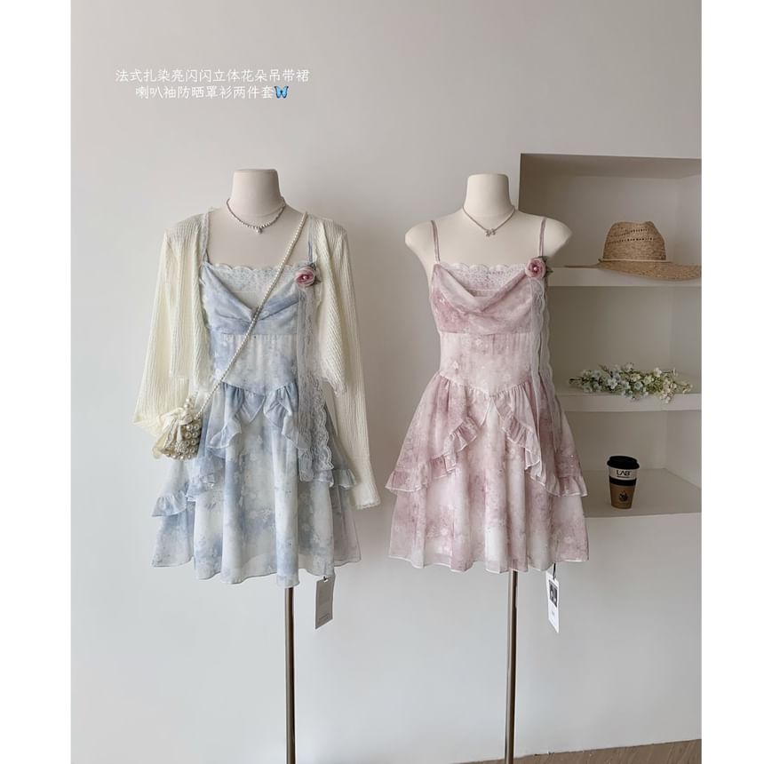 Cardigan Dress + Mini A-Line Set: Plain Strap Print Floral Spaghetti
