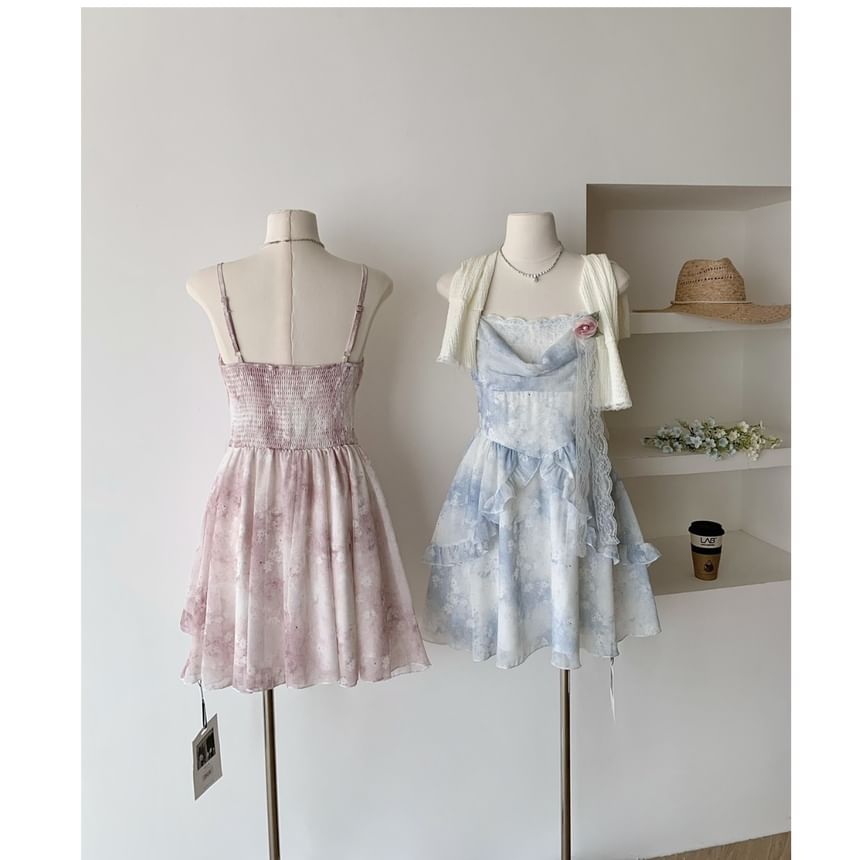 Cardigan Dress + Mini A-Line Set: Plain Strap Print Floral Spaghetti