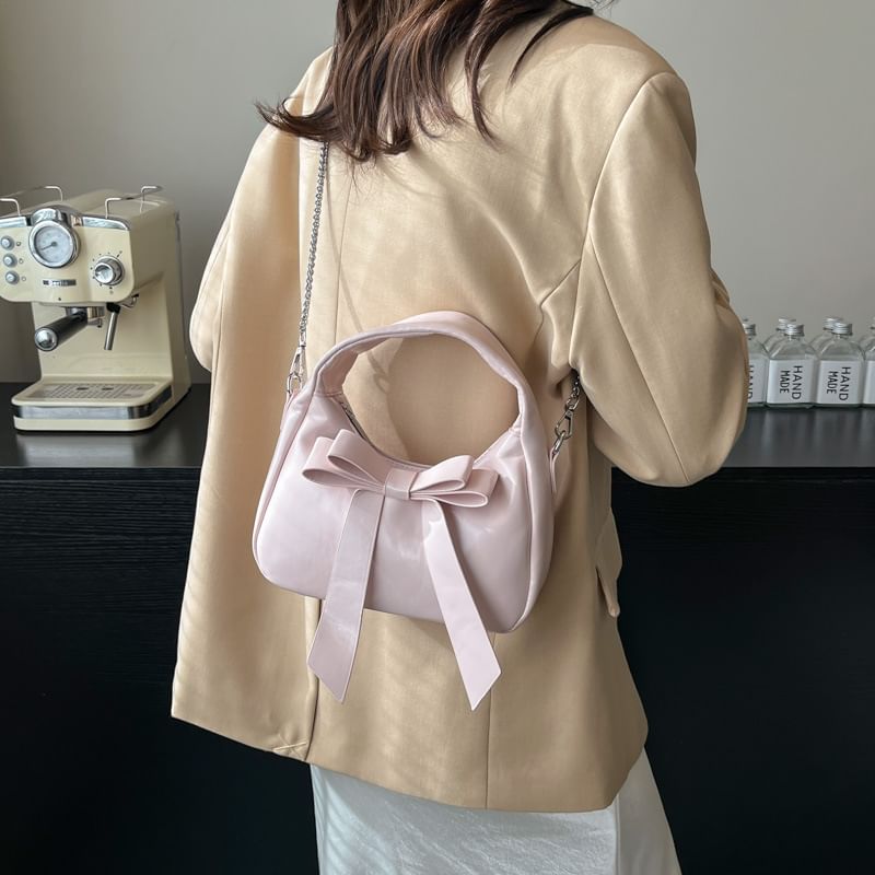 Bag Bow Plain Crossbody Leather Chain Faux Accent Strap