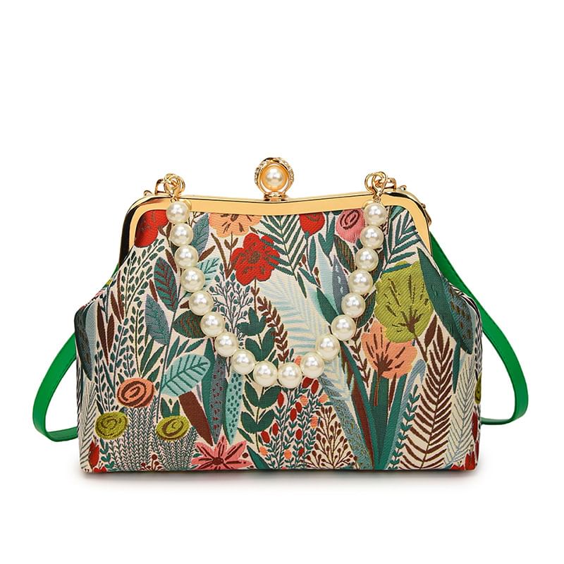 Pearl Bag Jacquard Strap Faux Crossbody Floral
