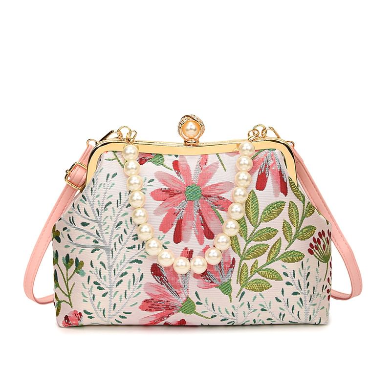 Pearl Bag Jacquard Strap Faux Crossbody Floral