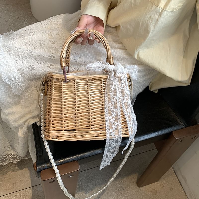 Crossbody Pearl Drawstring Set: + Faux Bag Straw Strap Scarf