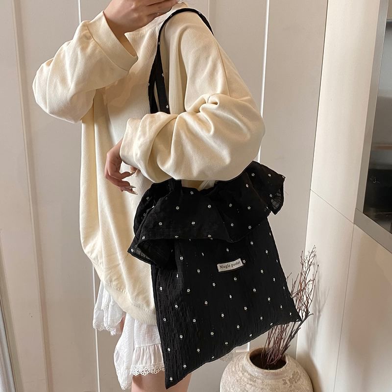 Bag Floral Embroidered Trim Tote Ruffle