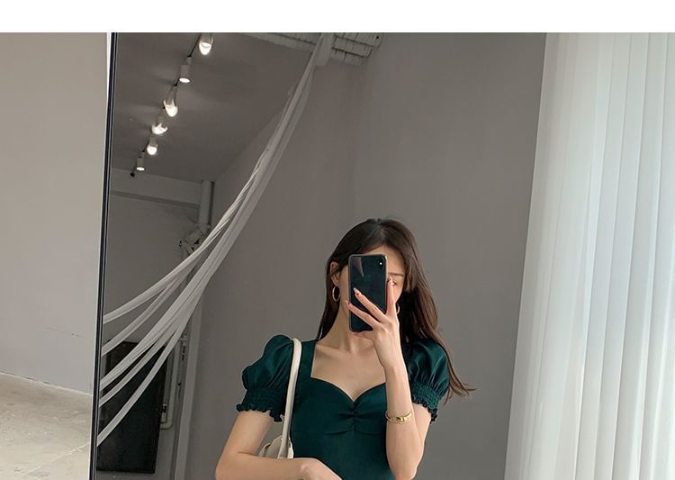 Plain A-Line Slit Puff Neck Sleeve Midi Dress Sweetheart