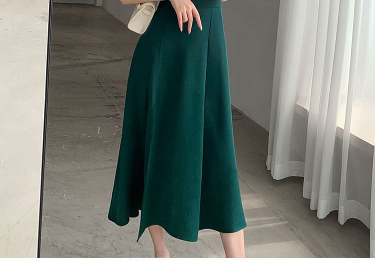 Plain A-Line Slit Puff Neck Sleeve Midi Dress Sweetheart