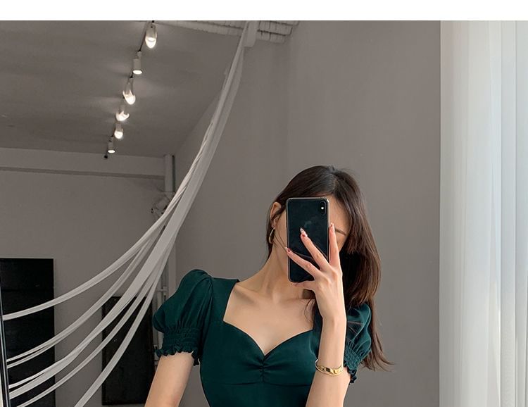 Plain A-Line Slit Puff Neck Sleeve Midi Dress Sweetheart