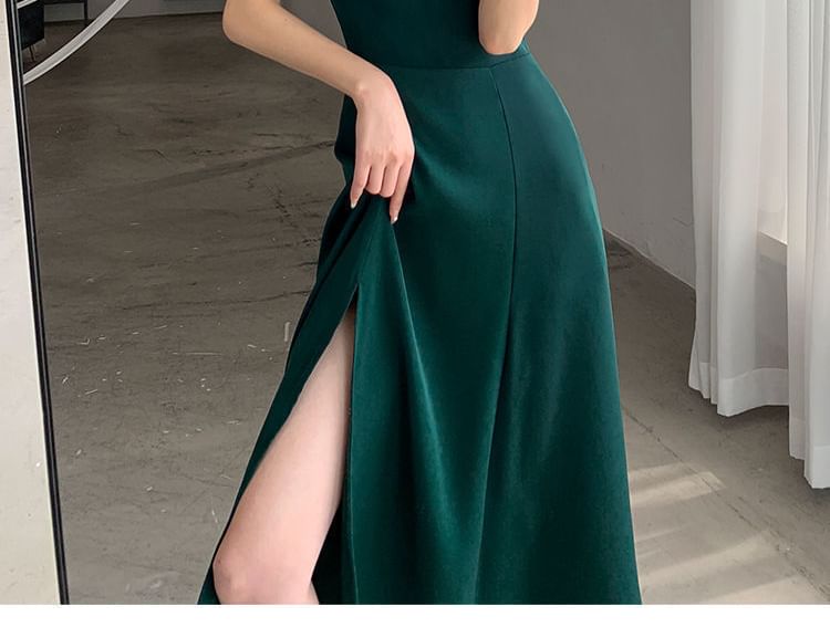 Plain A-Line Slit Puff Neck Sleeve Midi Dress Sweetheart