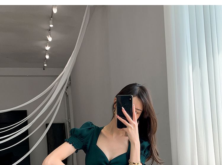 Plain A-Line Slit Puff Neck Sleeve Midi Dress Sweetheart