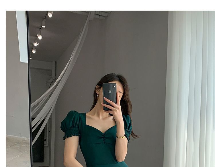 Plain A-Line Slit Puff Neck Sleeve Midi Dress Sweetheart