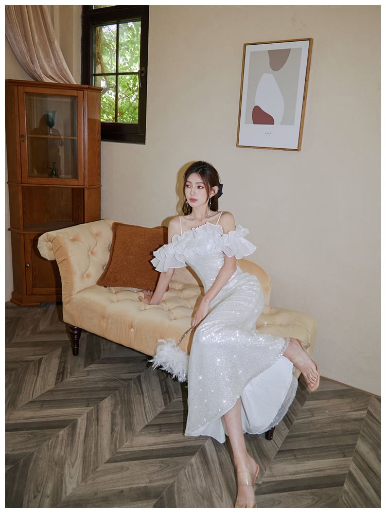 Spaghetti Strap Ruffle Trim Sequin Sheath Evening Gown