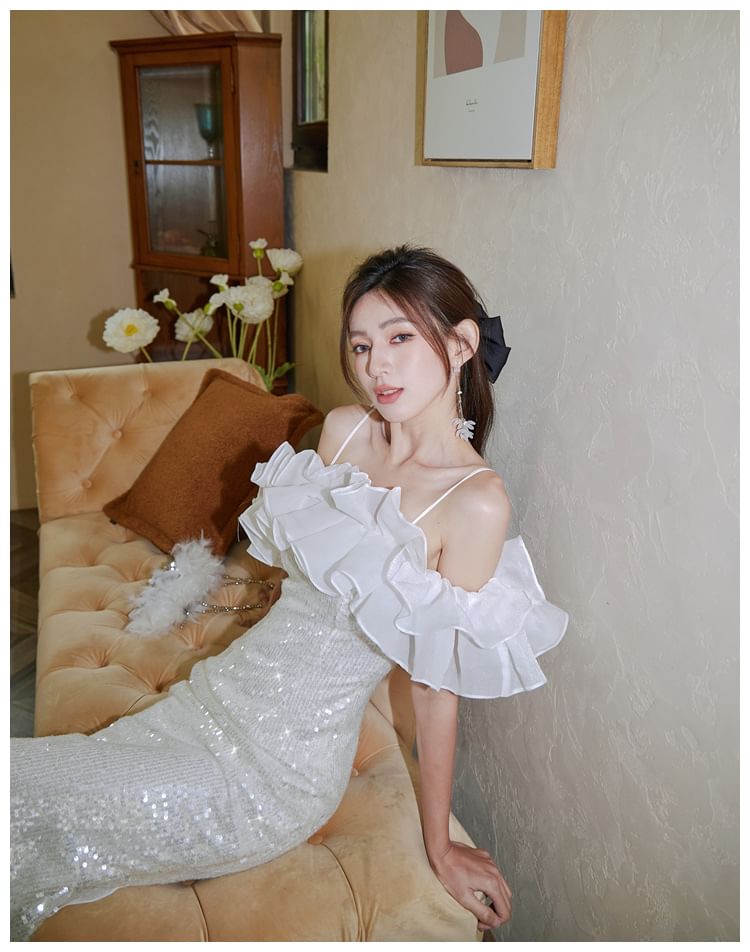 Spaghetti Strap Ruffle Trim Sequin Sheath Evening Gown